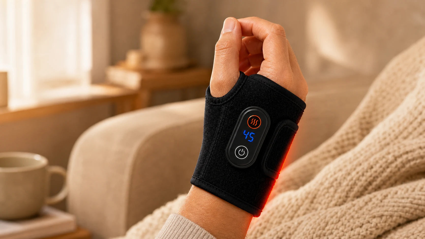 Wrist Bro red light and heat wrap worn at home