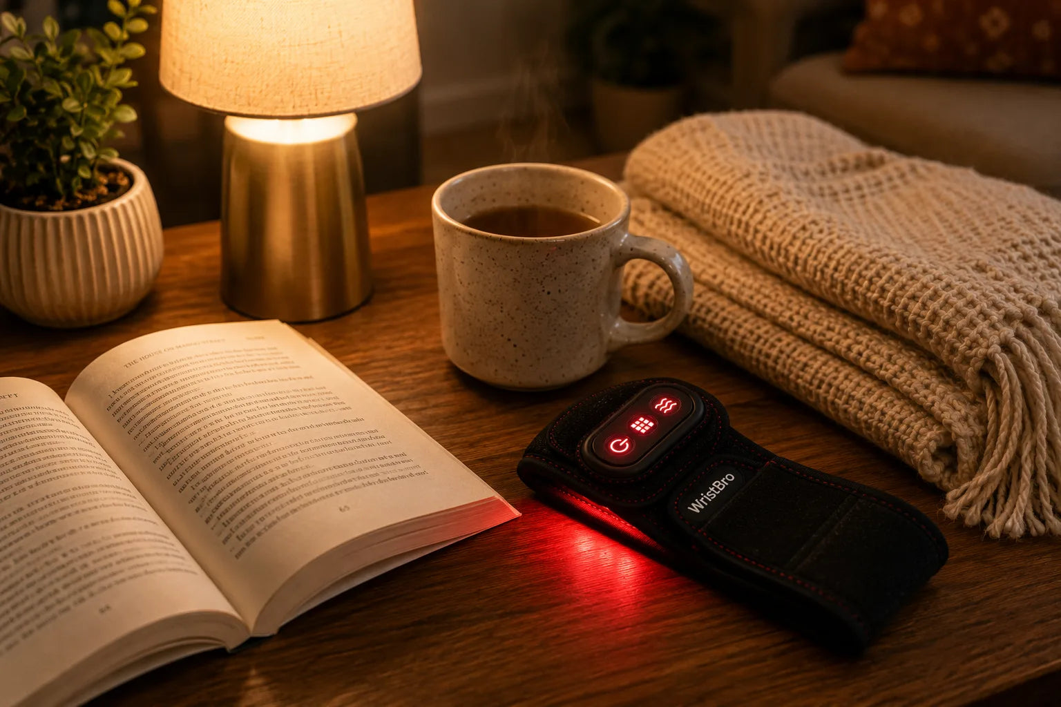 Wrist Bro wrap glowing softly on a bedside table beside a book and tea