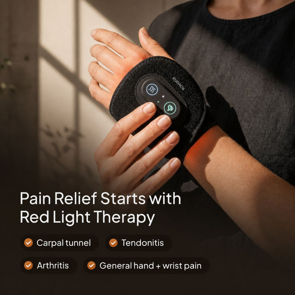 Wrist Bro wrap on hand with red light glow