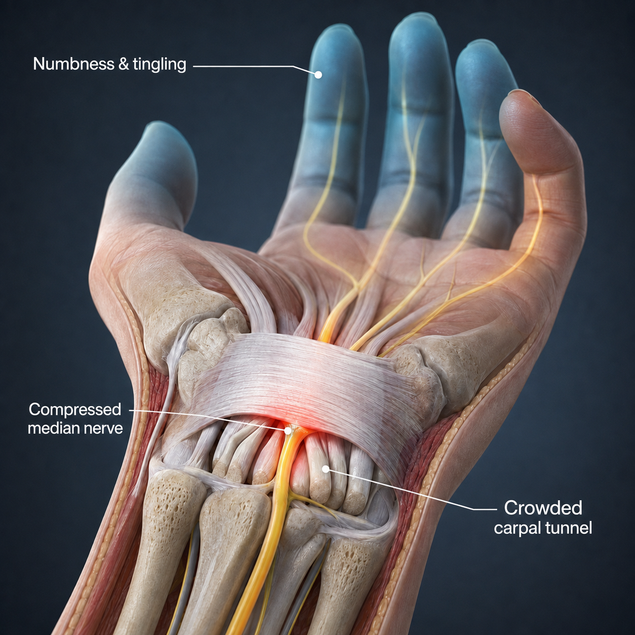 Anatomical diagram of the hand showing the compressed median nerve and crowded carpal tunnel