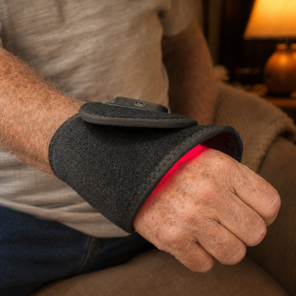 Older man using the wrap on the couch in the evening, red light glowing