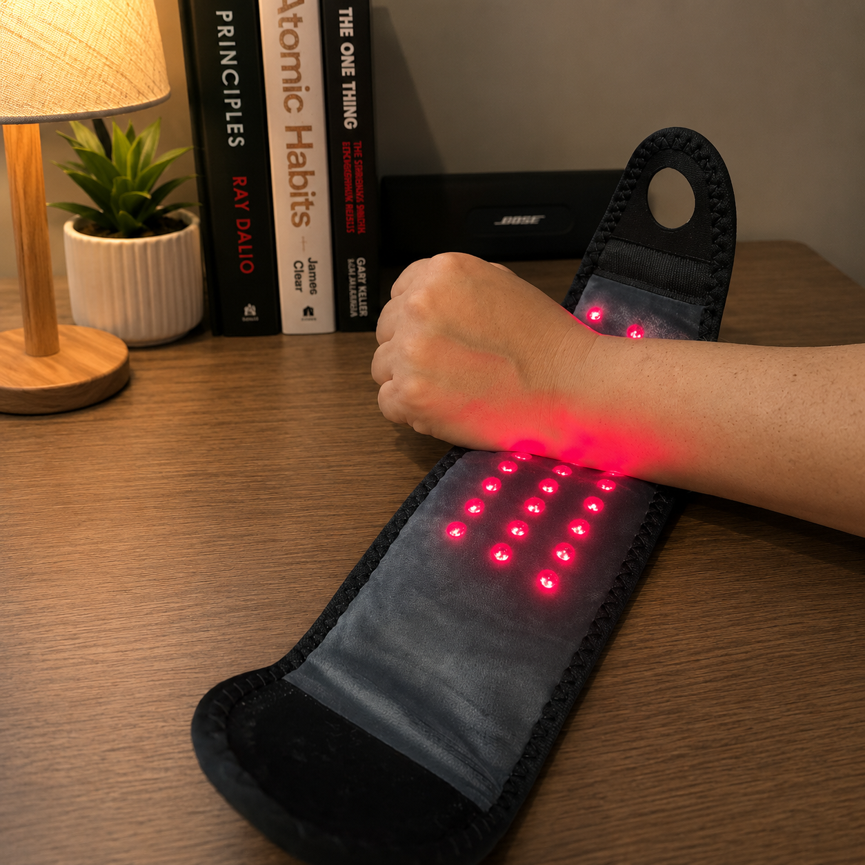 Wrist Bro wrap open on a desk with its red LED array glowing