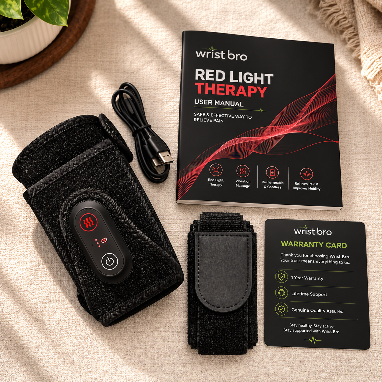 Everything included with the Wrist Bro wrap laid out: wrap, charging cable, extension strap and guide