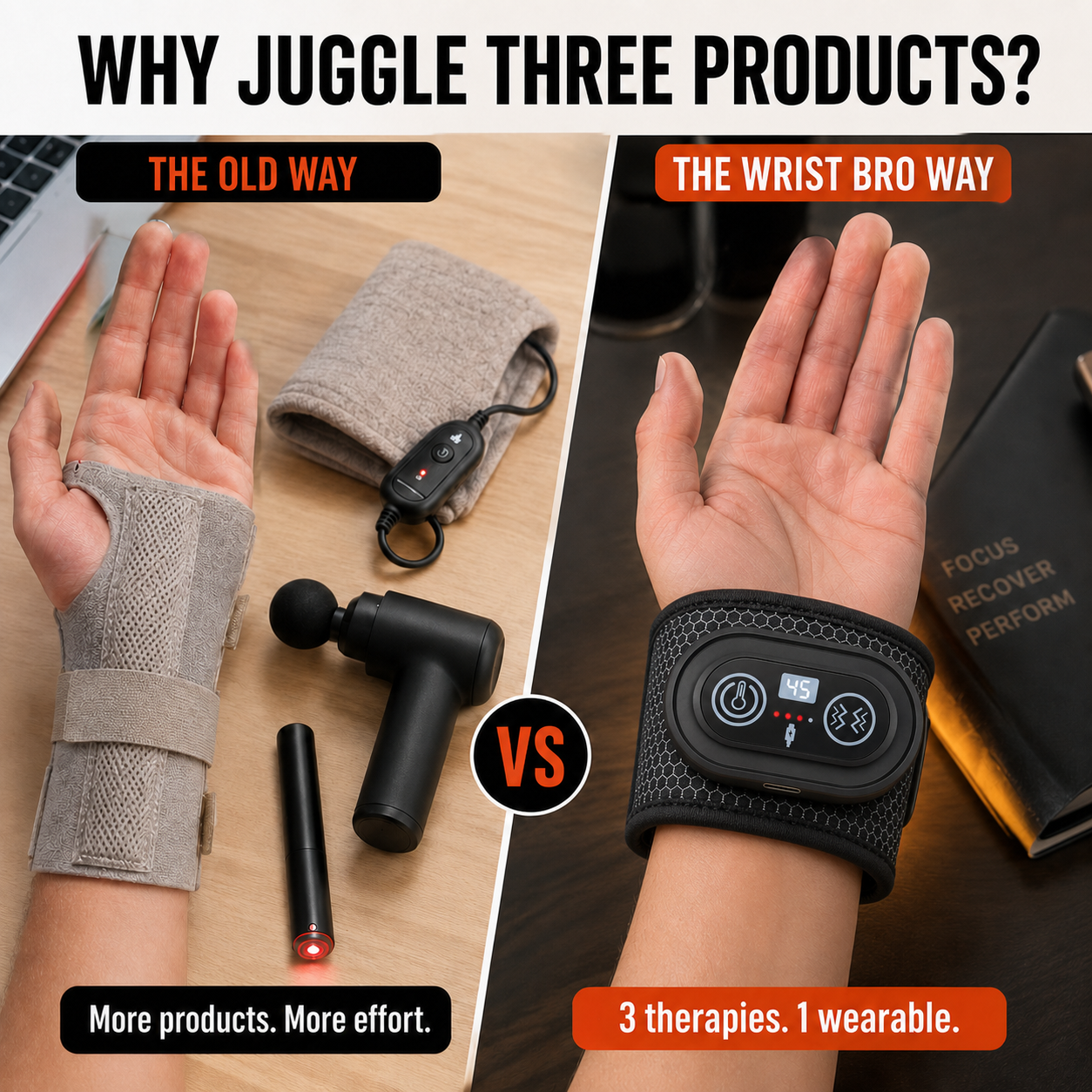 Three separate wrist products compared with the Wrist Bro three-setting wearable