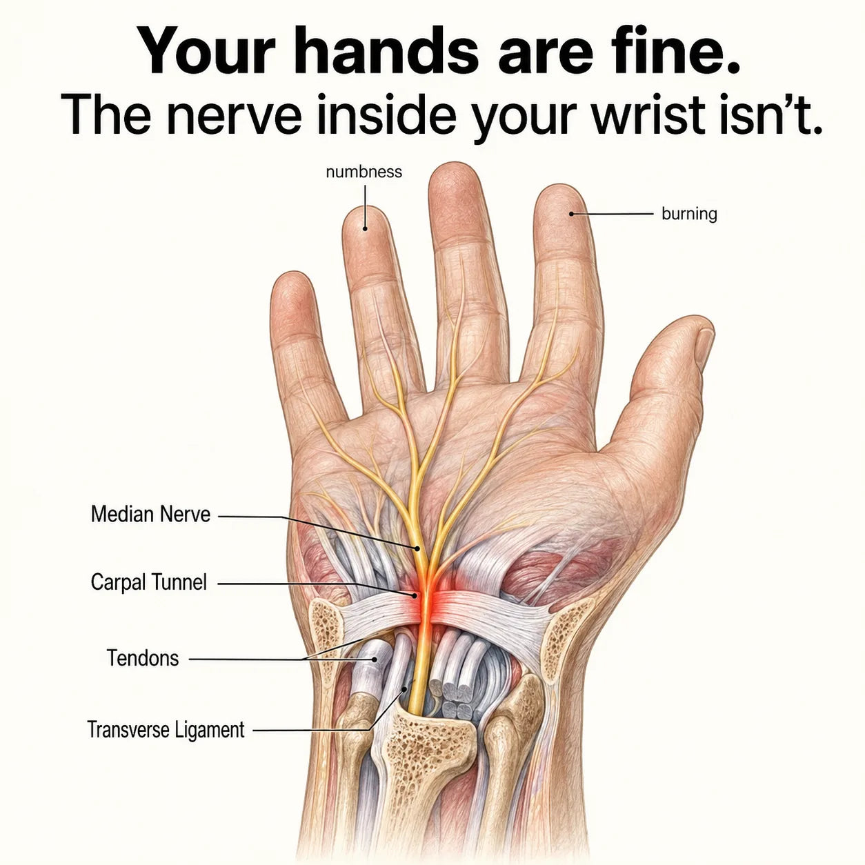 Illustration showing the median nerve and carpal tunnel in the hand and wrist