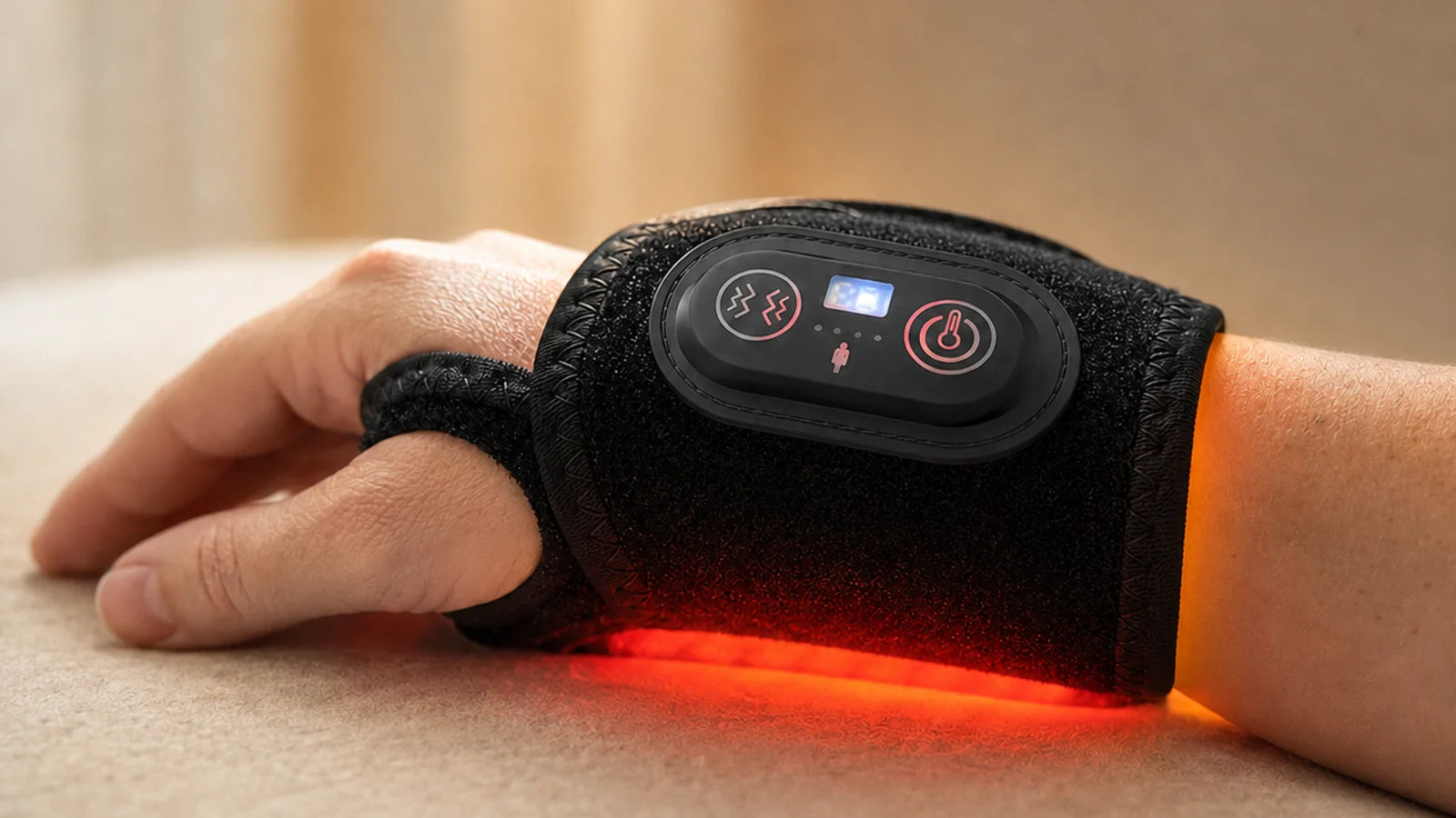 Wrist Bro red light and heat wrap secured around the wrist during a hands-free session